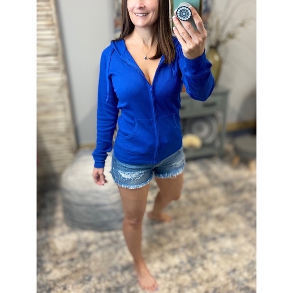 Waffle Thermal Zip Up Hoodie Long Sleeve Drawstring Royal Blue 4821 - Picture 4 of 7